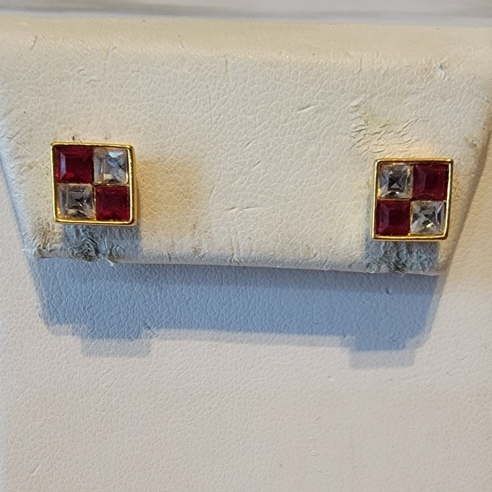 Vintage Anne Klein Red Clear Rhinestone Gold Tone Square Stud Earrings